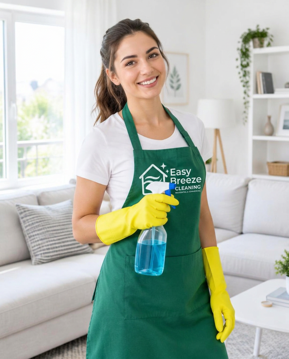 Smiling Easy Breeze cleaner in apron and gloves